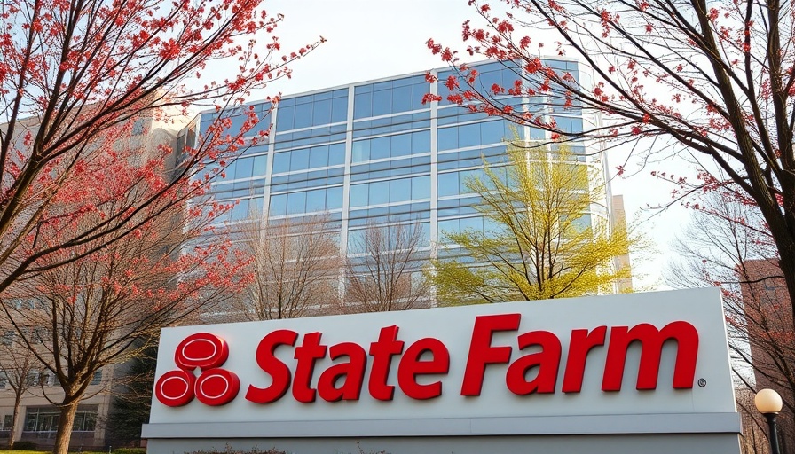 State Farm building sign with red trees in California