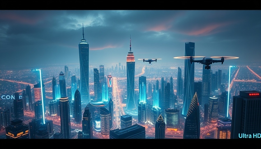 Emerging technologies 2025 in a futuristic cityscape with holograms.