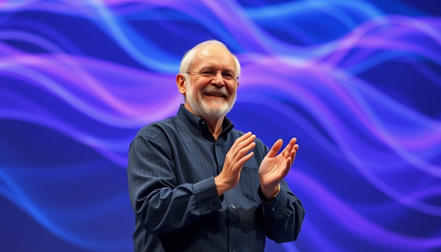 Elderly man on stage with digital backdrop, discussing Apple's AI challenges.