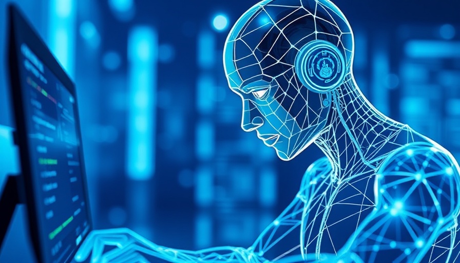 Futuristic wireframe cybersecurity concept with computer and blue glow.
