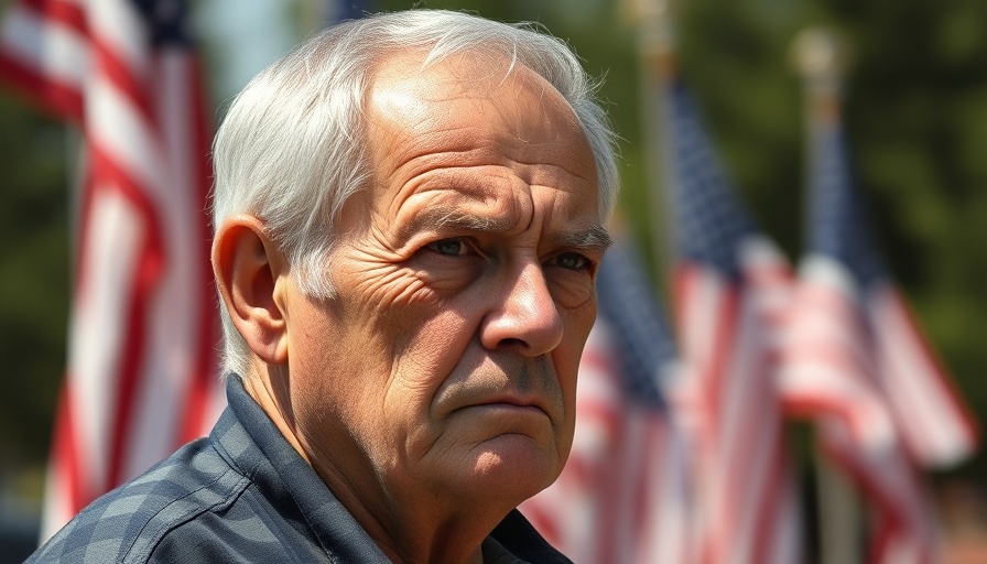 Serious older man outdoors with flags, thinking deeply in bright light.