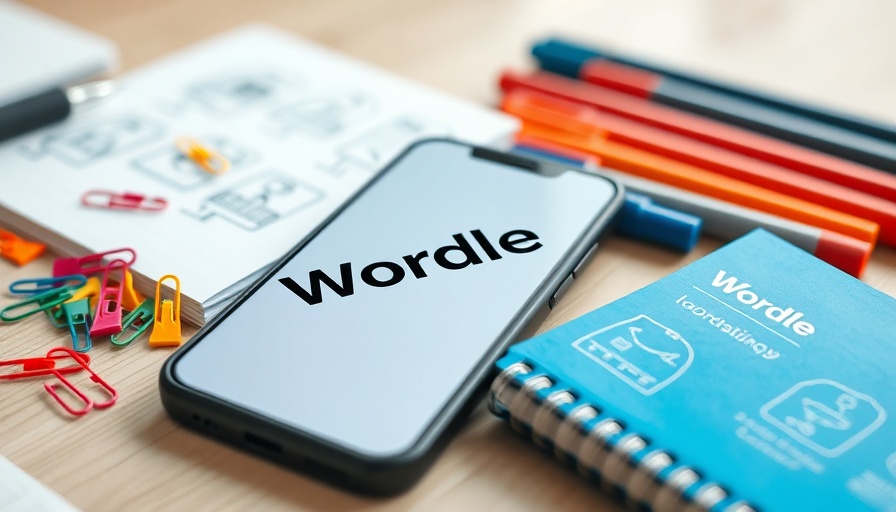 Wordle displayed on phone among colorful office supplies.