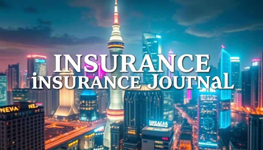 Futuristic cityscape with 'Insurance Journal'; digital effects and neon lights.