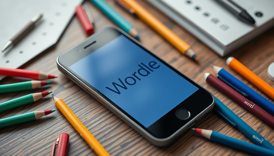Smartphone with Wordle app amidst colorful stationery.