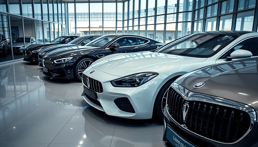 Luxury auto brands displayed in a modern showroom setting.
