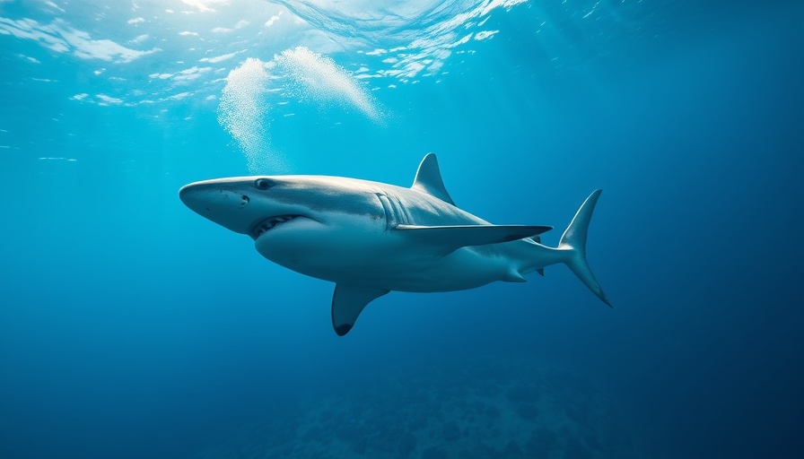 Great White Sharks in Maine swimming underwater in deep blue ocean.