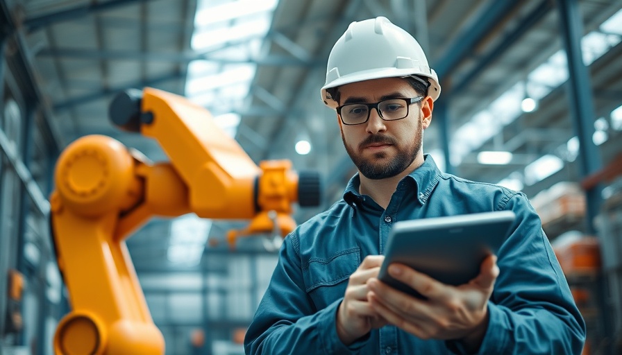Engineer using tablet to control robotic arm, midsize industrial transformations