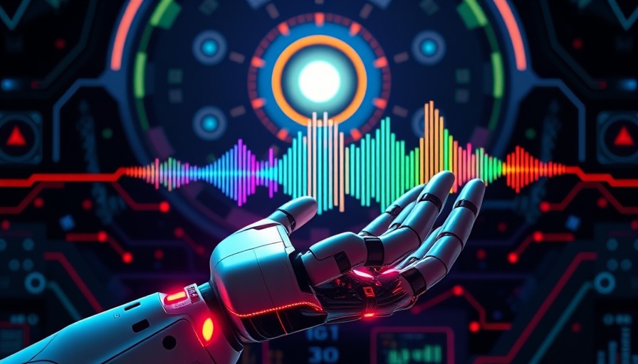 Futuristic robotic hand with AI voice assistant enhancements.
