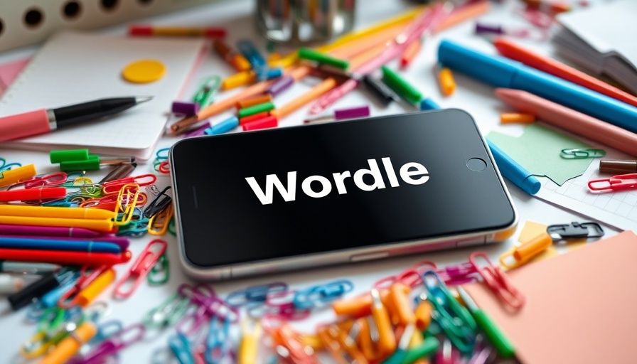 Smartphone displaying Wordle among colorful paper clips and notebooks, perfect for Wordle strategies for professionals.