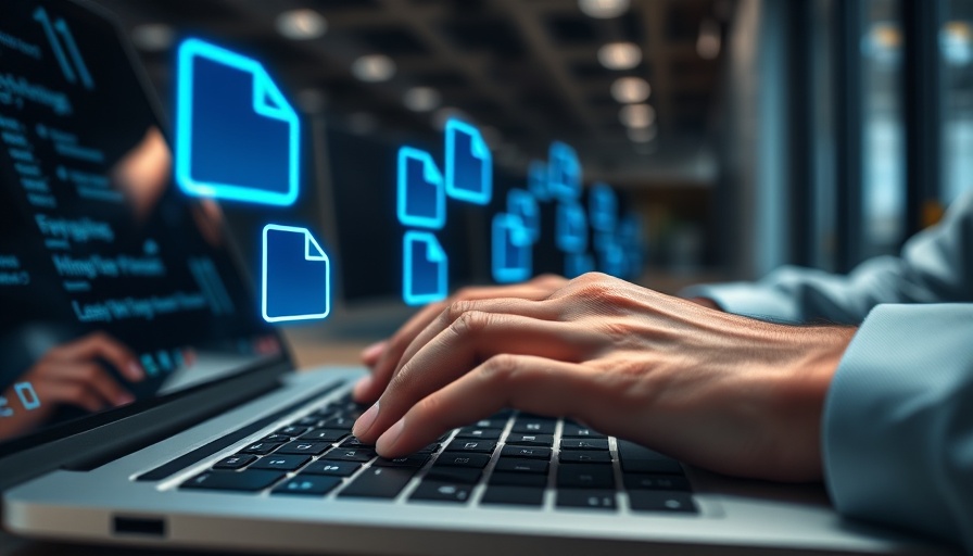 Hands typing on laptop with digital file transfer icons, enterprise-level website migrations.