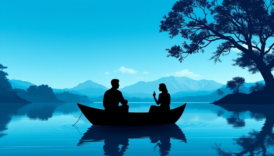 Silhouetted figures in a boat on a river at dusk, vibrant blue.