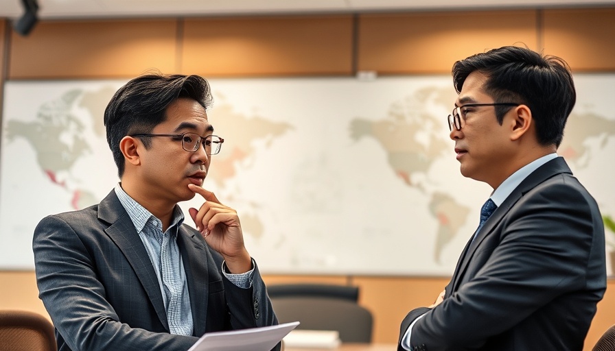 Asian business professionals discussing trade alternatives, modern office setting.