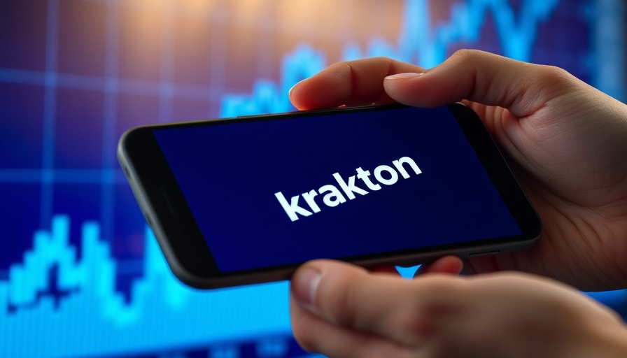 Krafton logo on phone with blue stock chart background.