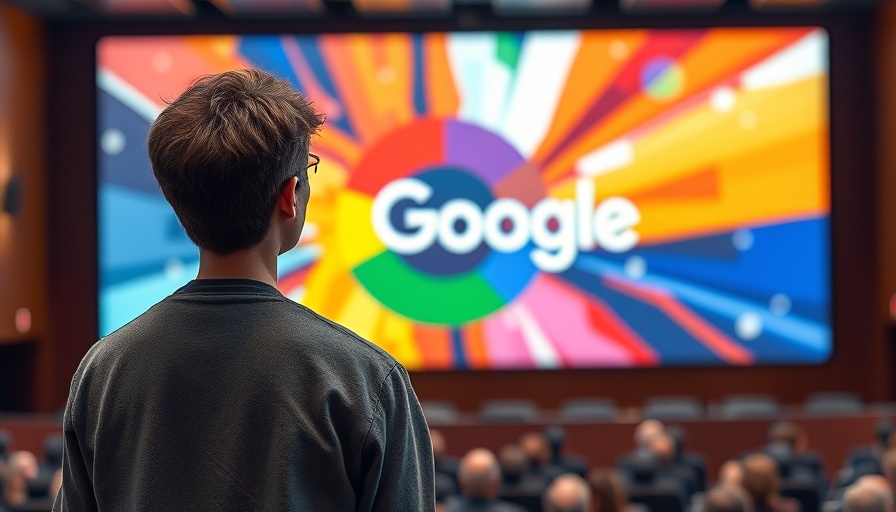 Google-themed presentation with person and abstract art background.