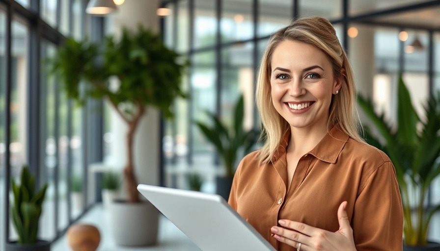 Confident woman in office holding tablet, E-E-A-T in AI Narratives
