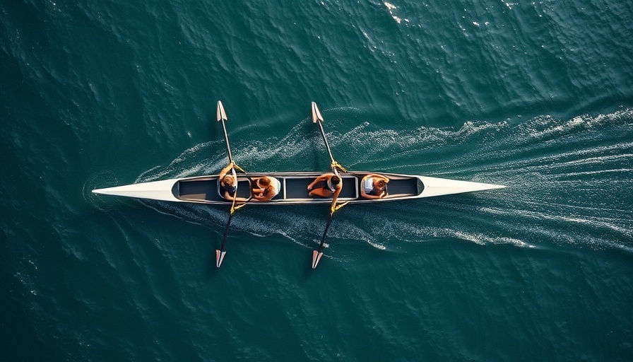 Aerial view of synchronized rowing team showcasing leadership excellence.