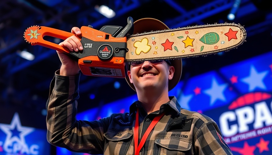 Smiling person with chainsaw at CPAC conference stage.