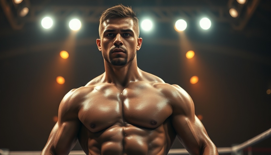 Muscular boxer in ring under arena lights, determined expression.
