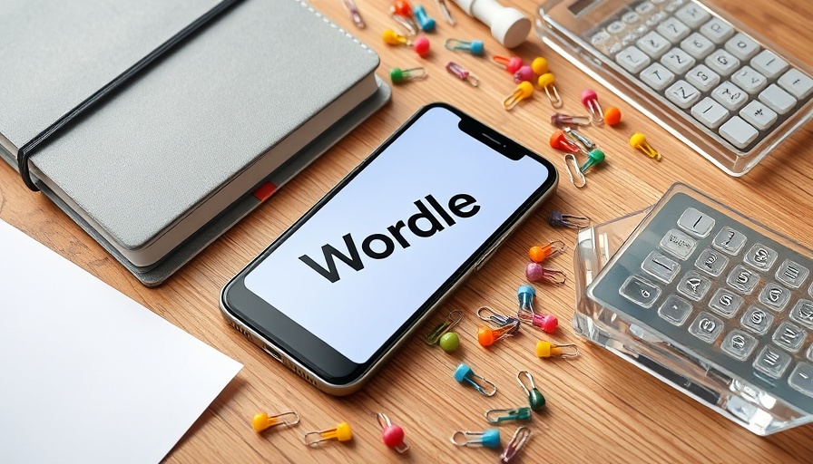 Wordle Daily Puzzle Challenge on phone with stationery items.