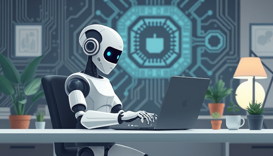 AI in the workplace: robot working at a desk in an office setting.