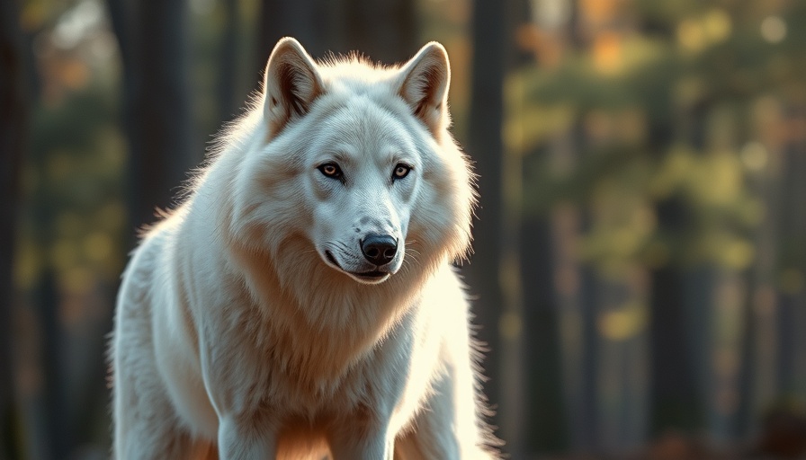 Majestic white wolf in sunlit forest, AI companions and dire wolf revival.