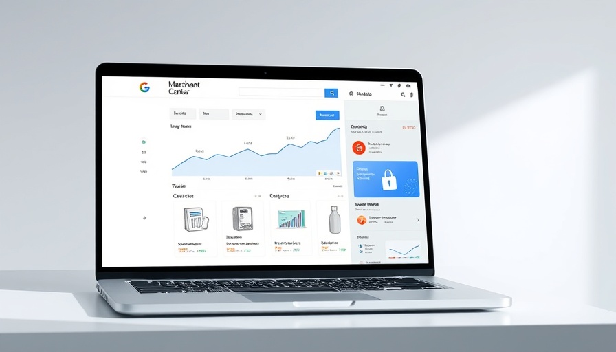 Minimalistic illustration of Google Merchant Center interface on a laptop