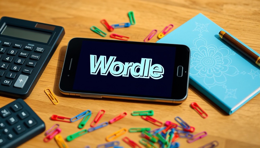 Wordle game on phone with colorful paper clips and notebook.