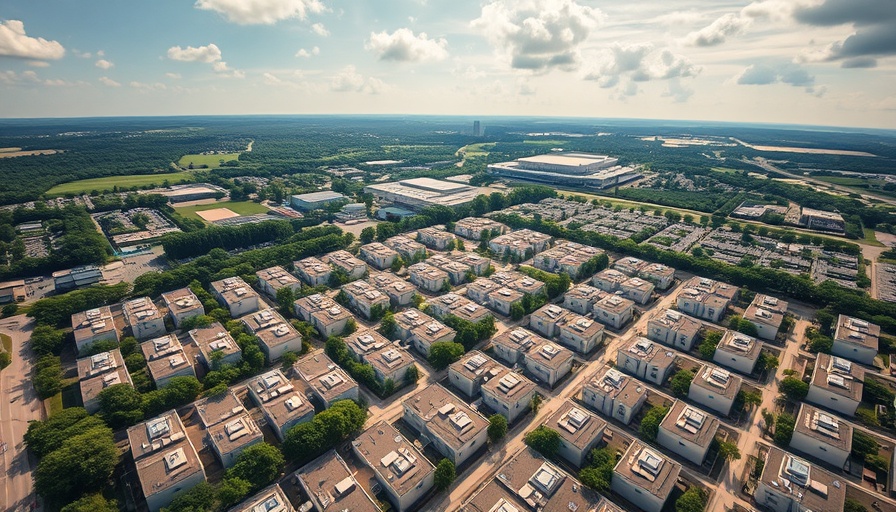 Aerial view of a large data center surrounded by suburban greenery, AI emissions reduction