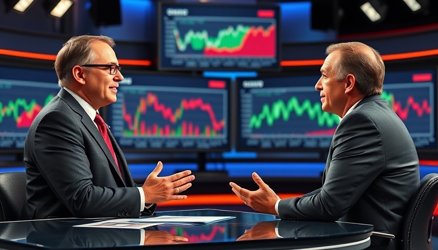 Talk-show host in studio discussing trade policies.
