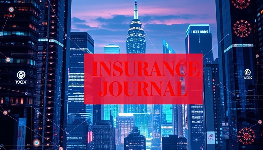 Futuristic cityscape with Insurance Journal cover, policy management system for MGAs.