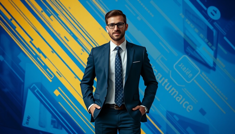 Professional businessman promoting final expense insurance, blue and yellow.
