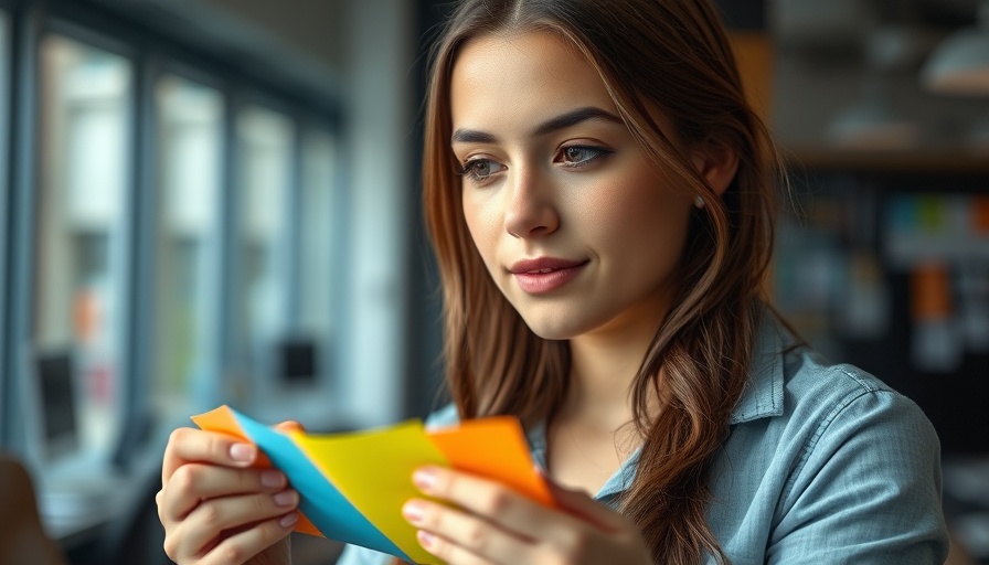 Woman using colorful sticky notes for content plan template 2025.