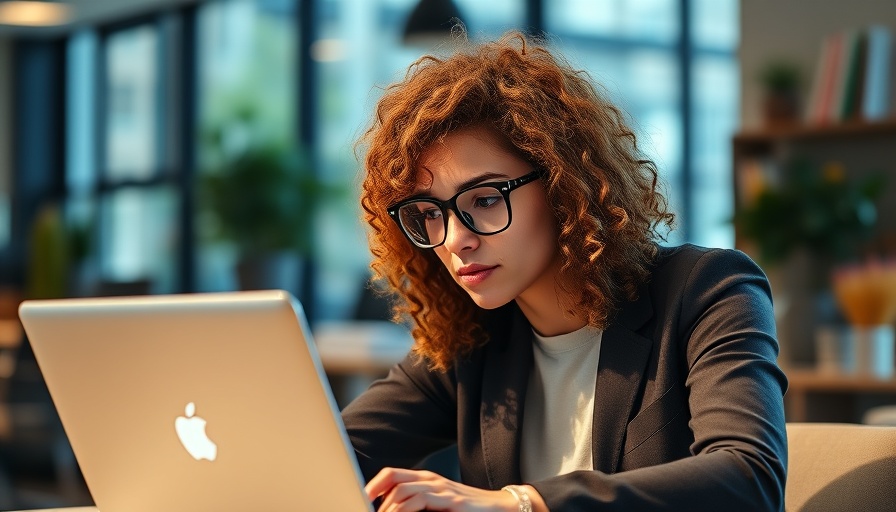 Focused woman working on laptop in cozy office, E-E-A-T for SEO