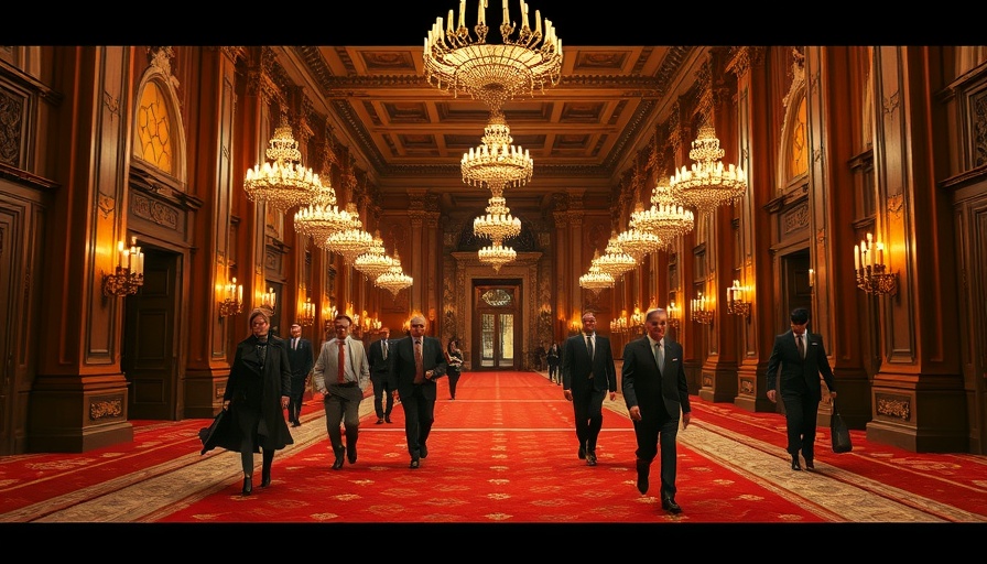 Elegant hall with people in formal attire, discussing.