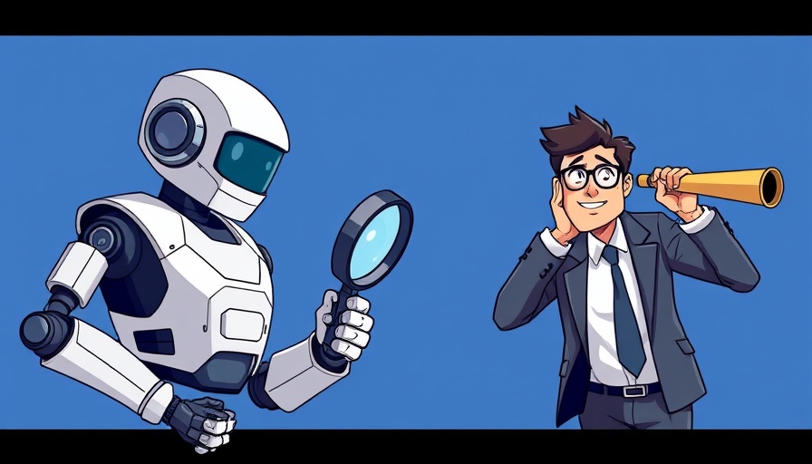 Futuristic illustration featuring robot and businessman searching for AI search citations