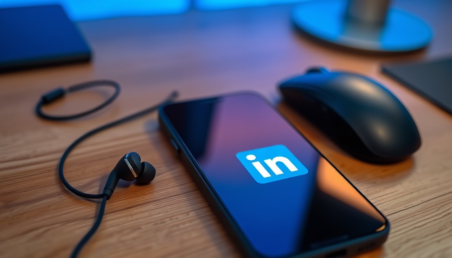 LinkedIn logo on smartphone with blue lighting on desk.