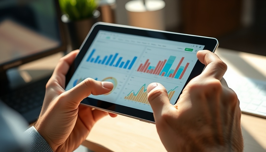 Hands using a tablet for SEO reporting with charts