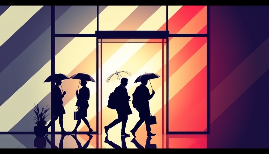 Abstract graphic of 2025 tech layoffs showing workers with umbrellas.