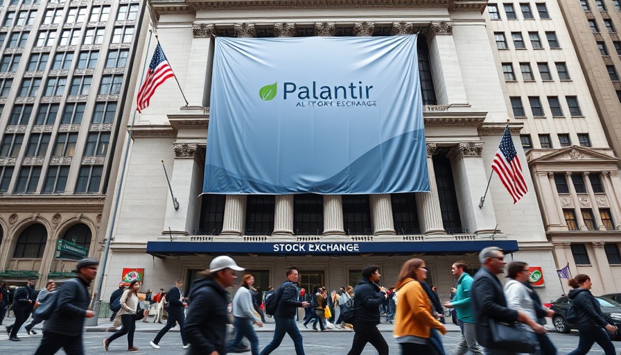 Palantir banner on NYSE, business environment.