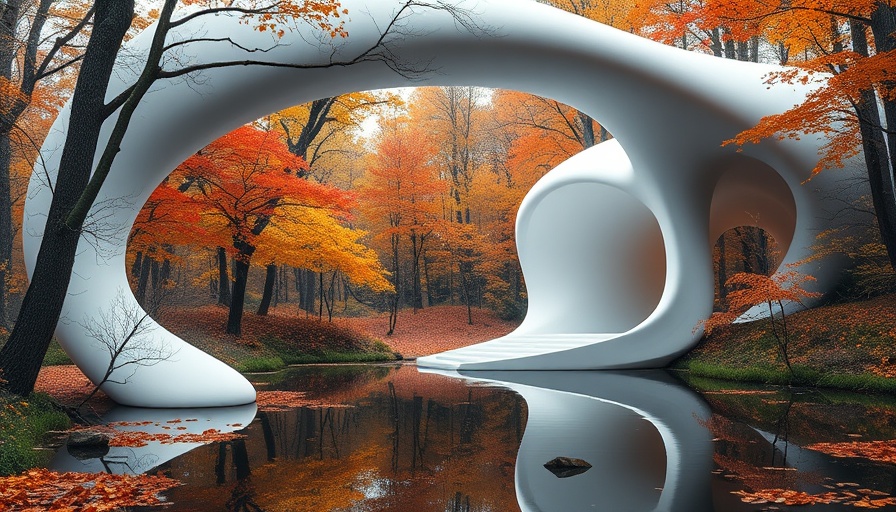Futuristic AI-inspired architecture in a serene forest setting.