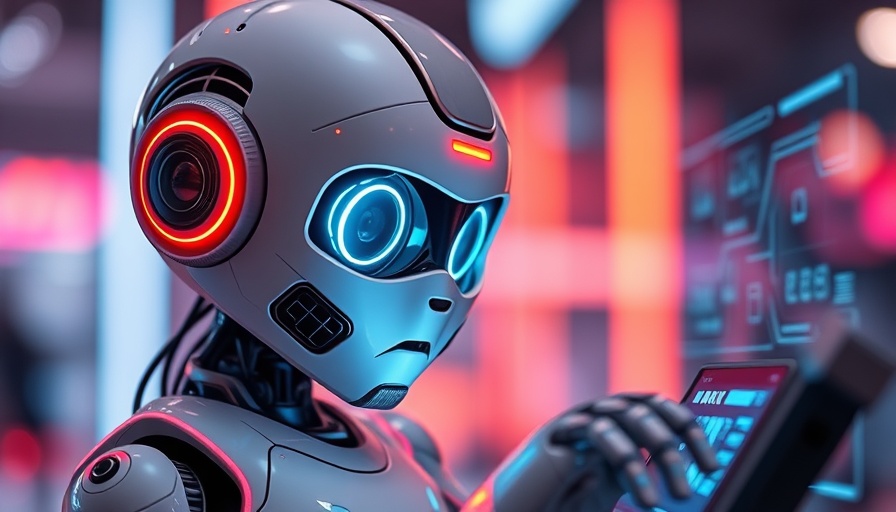 Futuristic robot coding on a glowing digital interface.