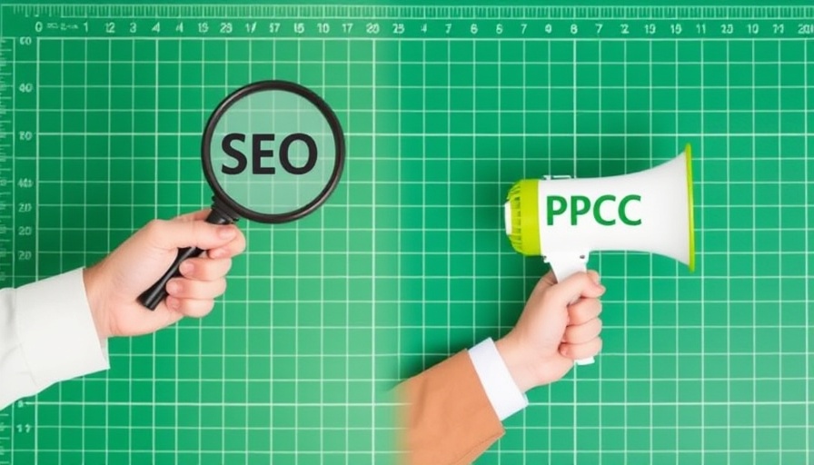 SEO vs. PPC strategies visual comparison with magnifying glass and megaphone.