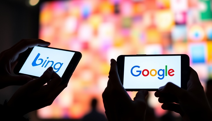 Smartphones showing Bing and Google logos being held by silhouetted hands.