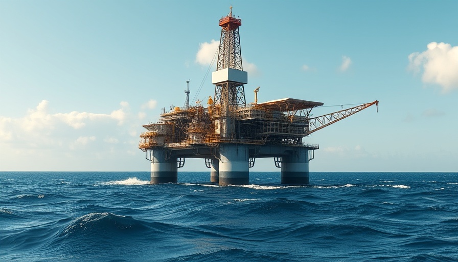 Illustration of offshore oil rig against blue sky.