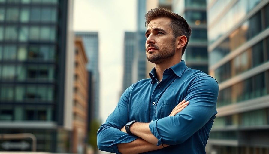 Confident man exploring a new market landscape in urban cityscape.