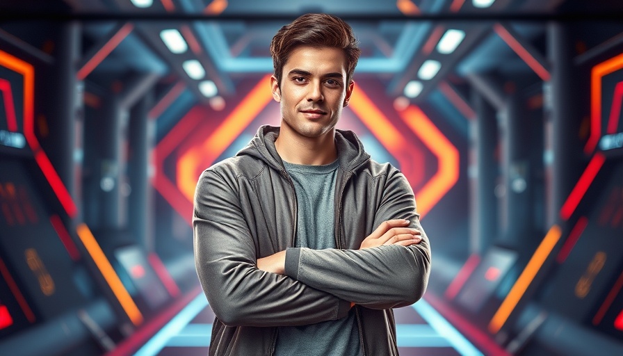 Growth Memo digital graphic with confident man, technology theme.