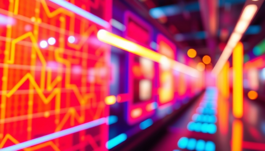 Vibrant abstract design with neon lights and geometric patterns.