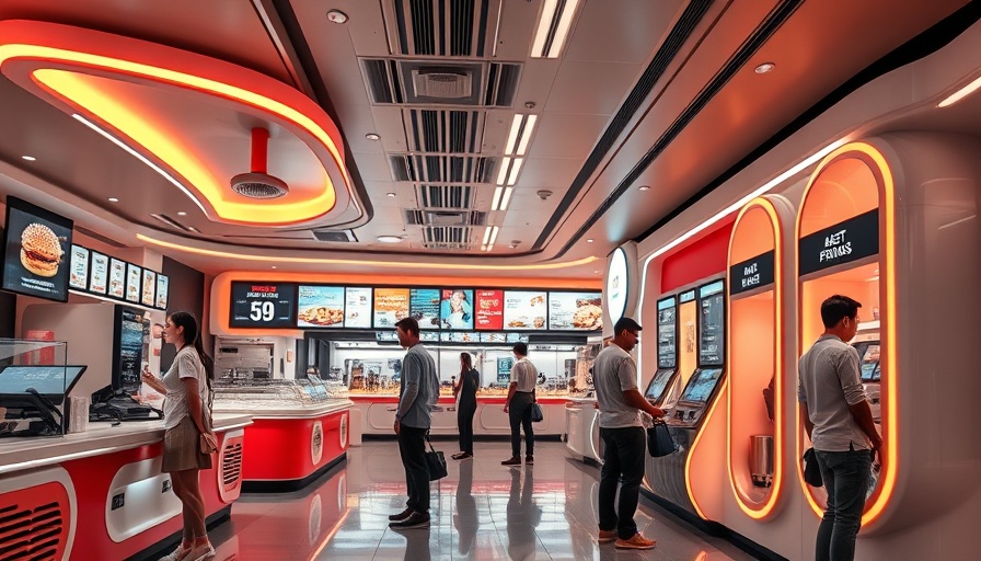 Futuristic AI kiosks in fast food chain, modern technology.