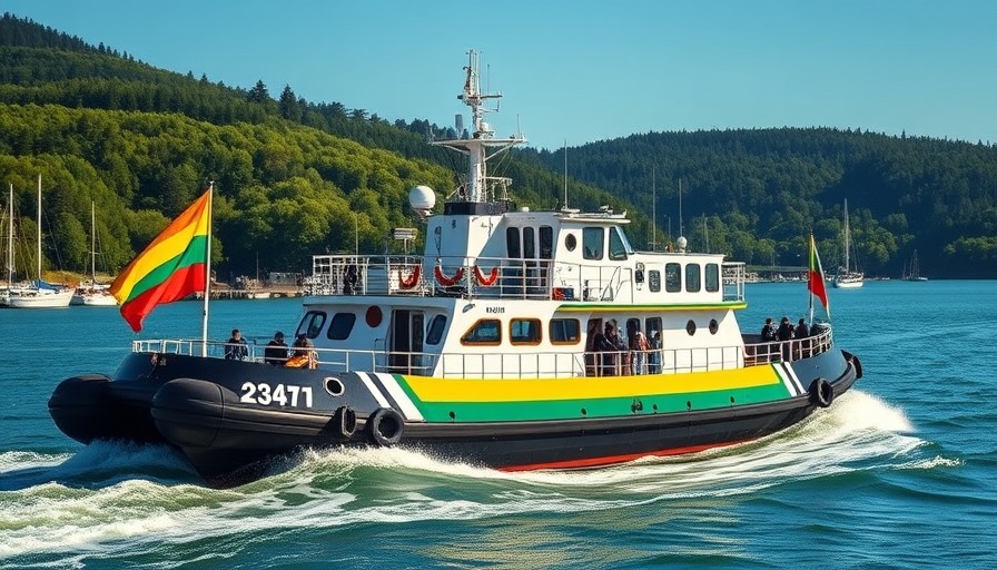 Lithuanian Navy new tugboat adorned with flags in harbor.