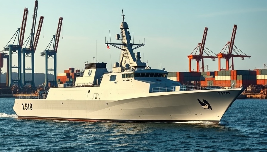 Bergamini-class FREMM frigate sailing in industrial port.